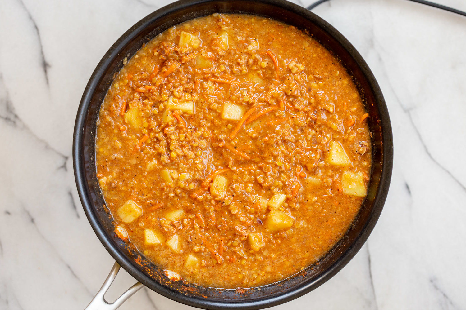 Vegan Keema Madras on a black skillet