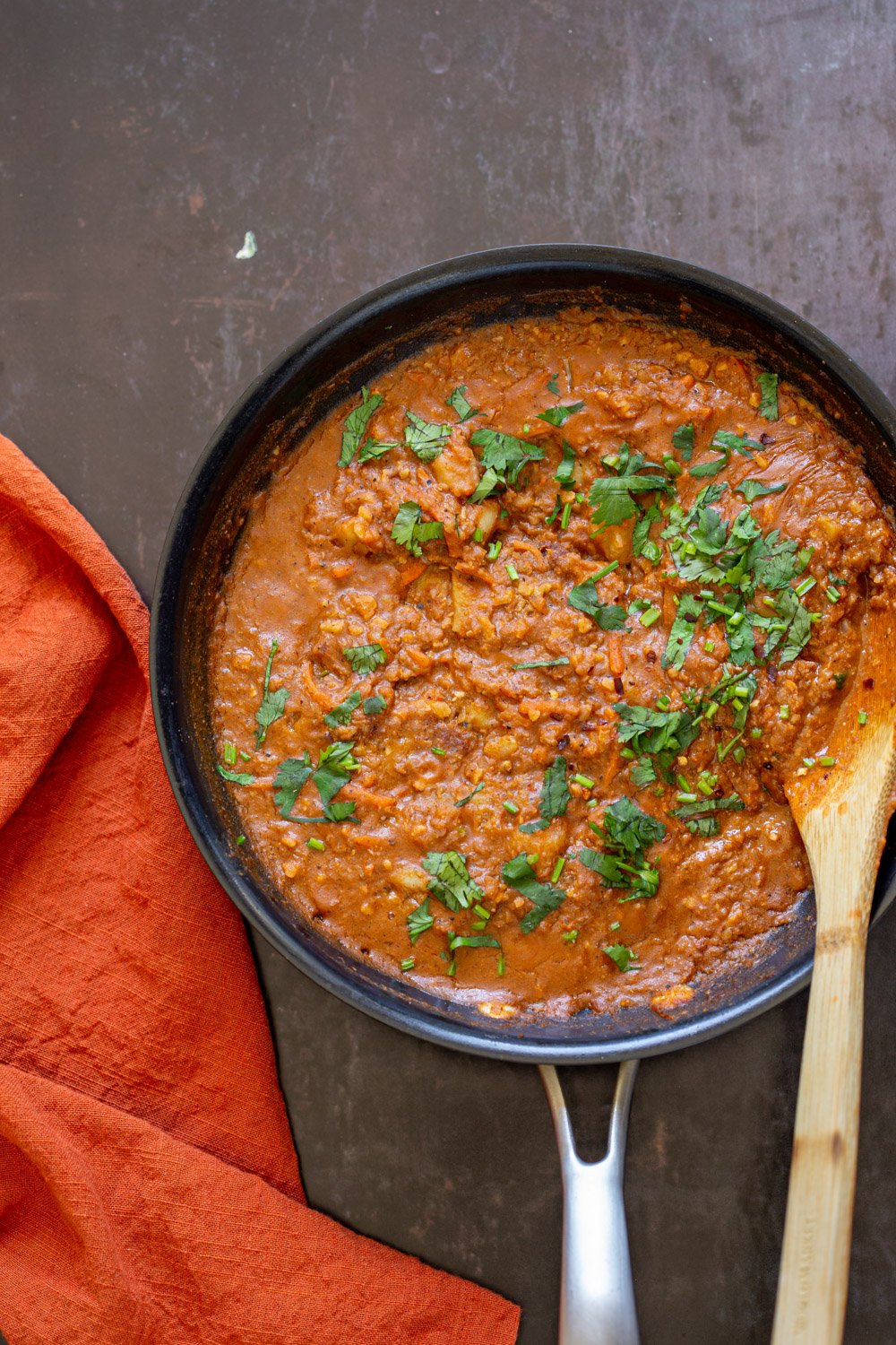 Vegan Keema Madras on a black skillet