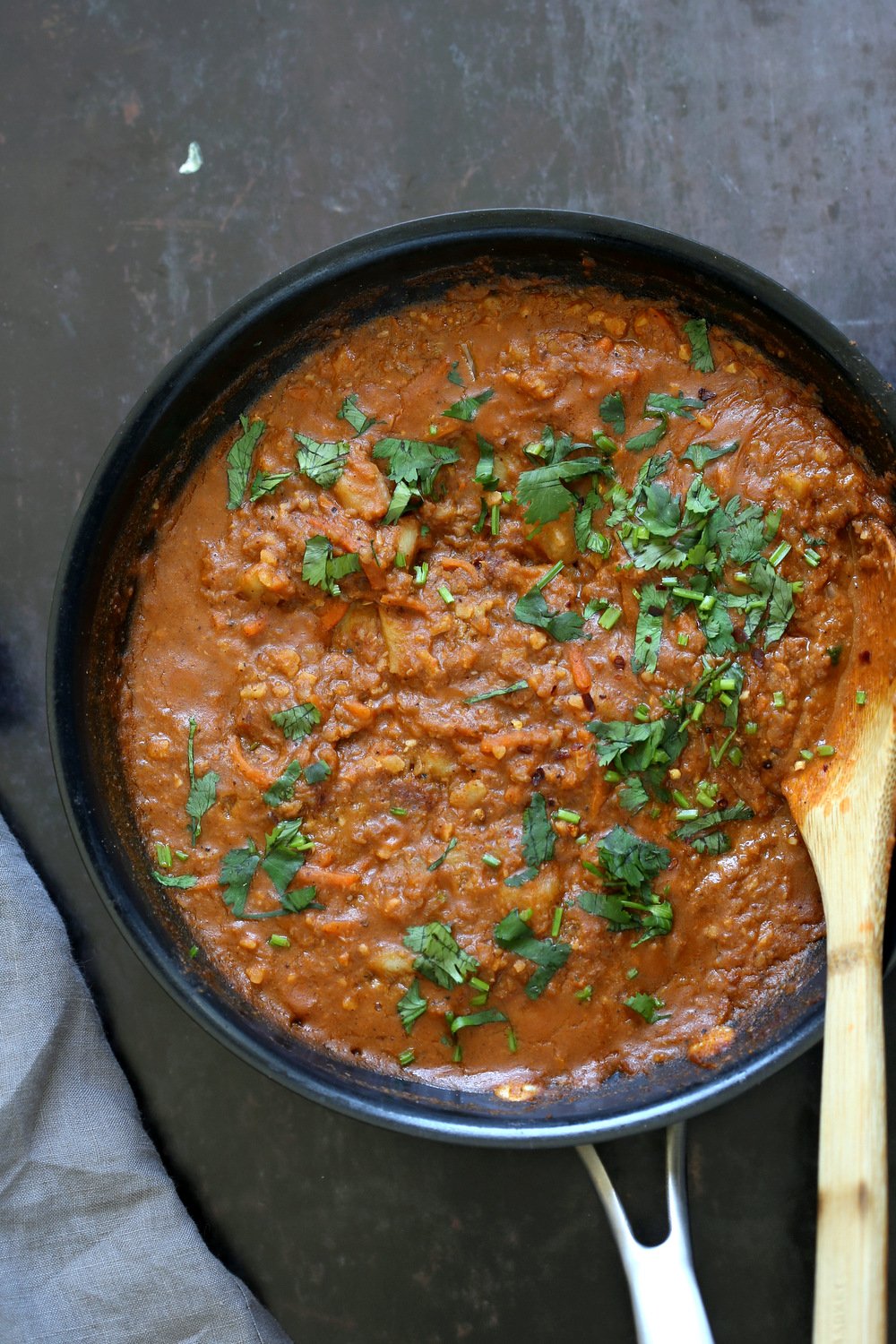 Vegan Keema Madras on a black skillet