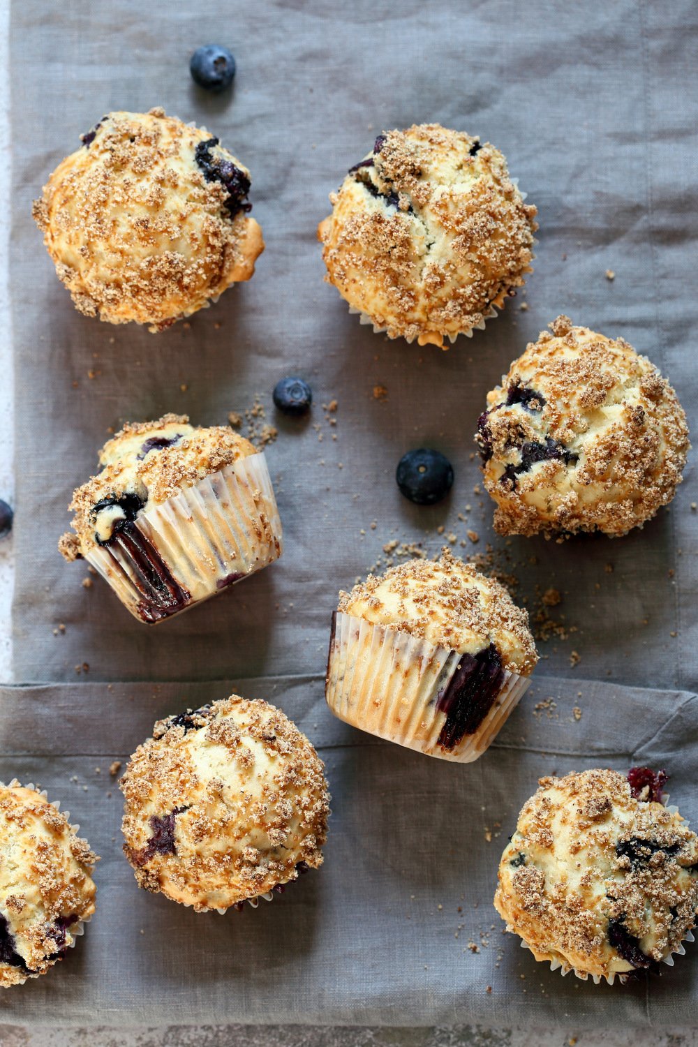 Vegan Blueberry Muffins on grey napkin