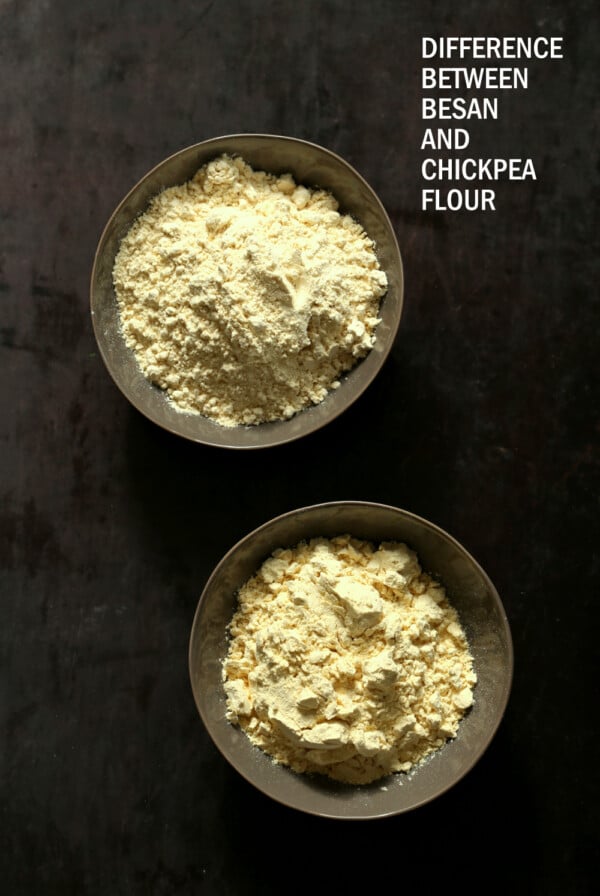 Chickpea flour and Besan in grey bowls for our post about the difference between besan and chickpea flour