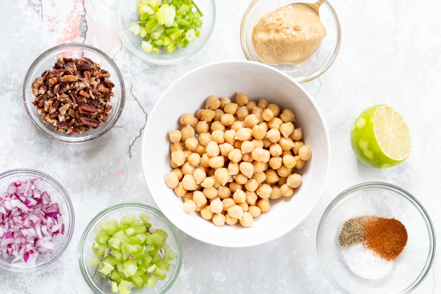 Ingredients for our Chickpea Tahini Salad Sandwich in Bowls