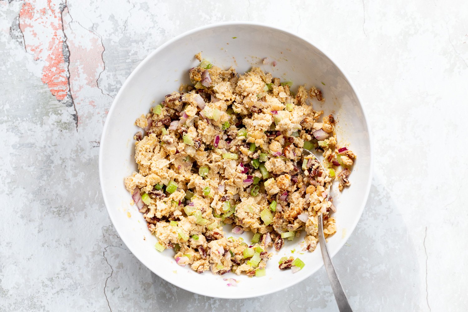 Our Chickpea Tahini Salad in a White Bowl