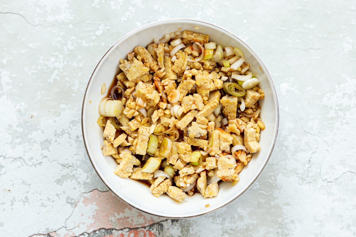 Ingredients for our Lemongrass tempeh crumbles in a white bowl
