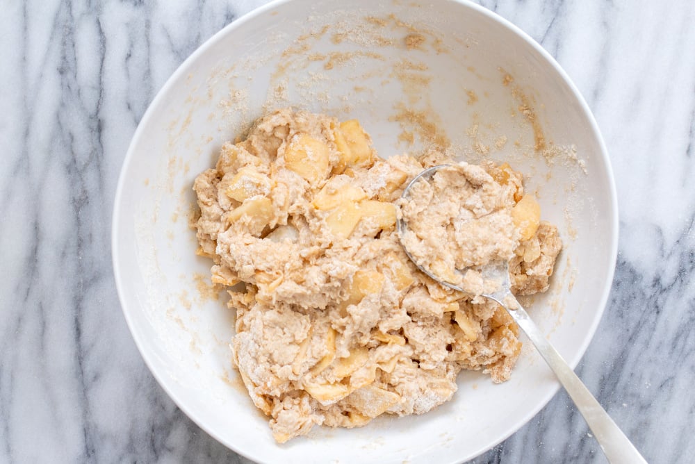 Dough for our Vegan Apple Cinnamon Scones in a white bowl