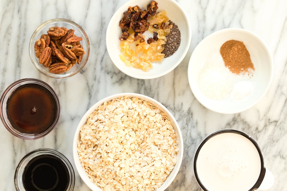 Ingredients for gingerbread Baked Oatmeal i n bowls