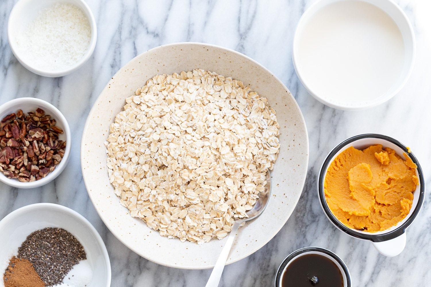 Ingredients for our Pumpkin Baked Oatmeal in Bowls