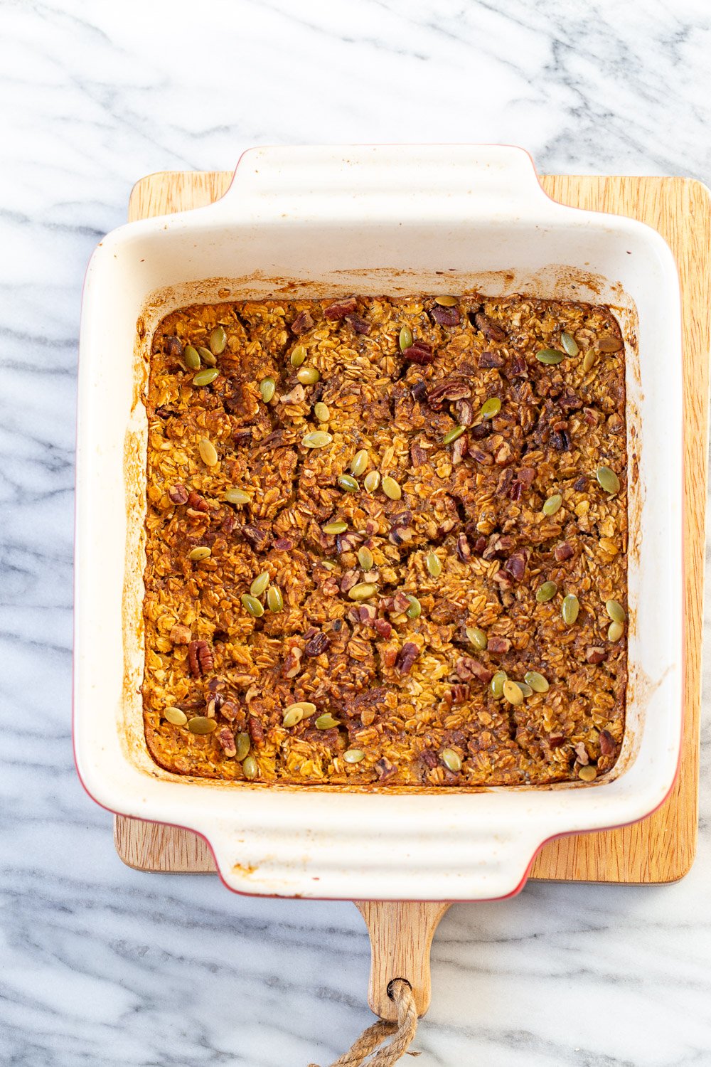 Our Vegan Pumpkin Baked Oatmeal in a Baking dish
