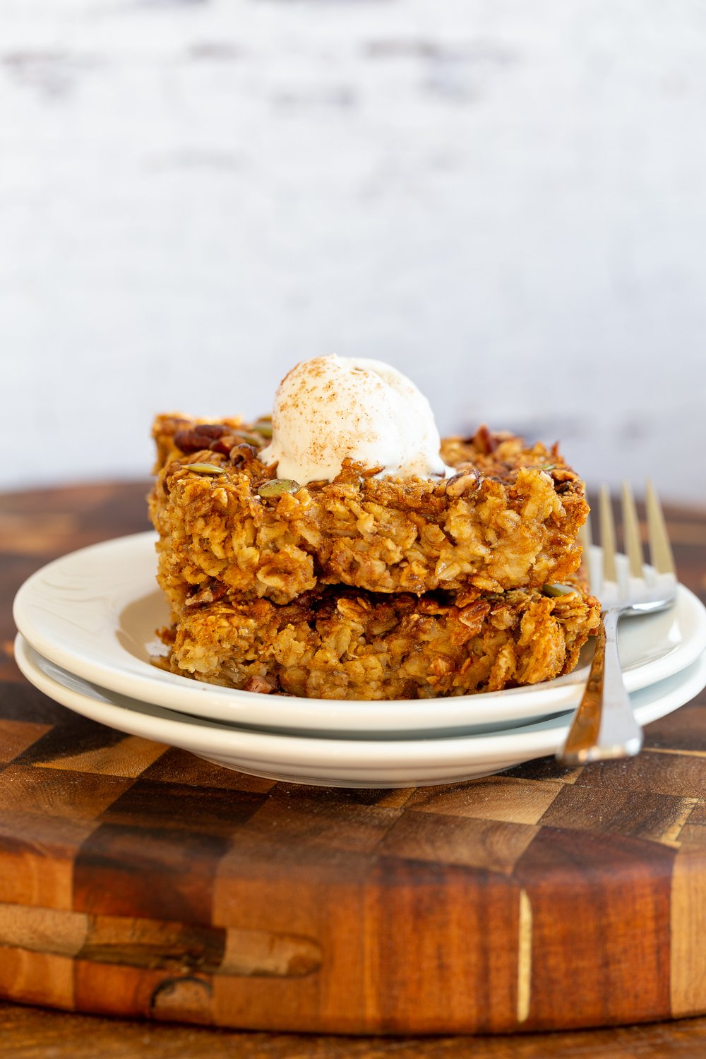 Our Vegan Pumpkin Baked Oatmeal on white plate