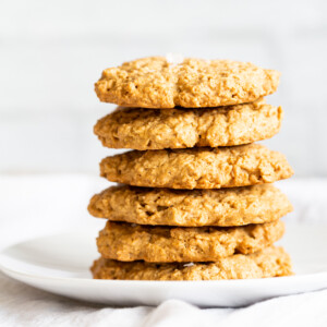 Our Vegan Gluten-free Tahini Oatmeal Cookies on a white plate