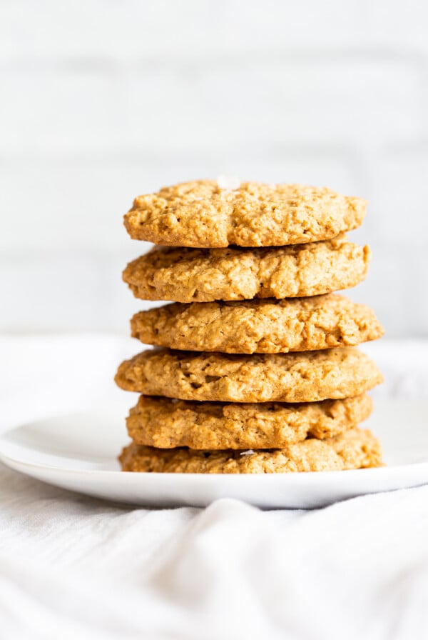 Our Vegan Gluten-free Tahini Oatmeal Cookies on a white plate