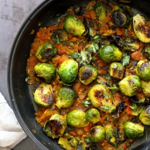 Our Curried Caramelized Brussels Sprouts in Black Skillet