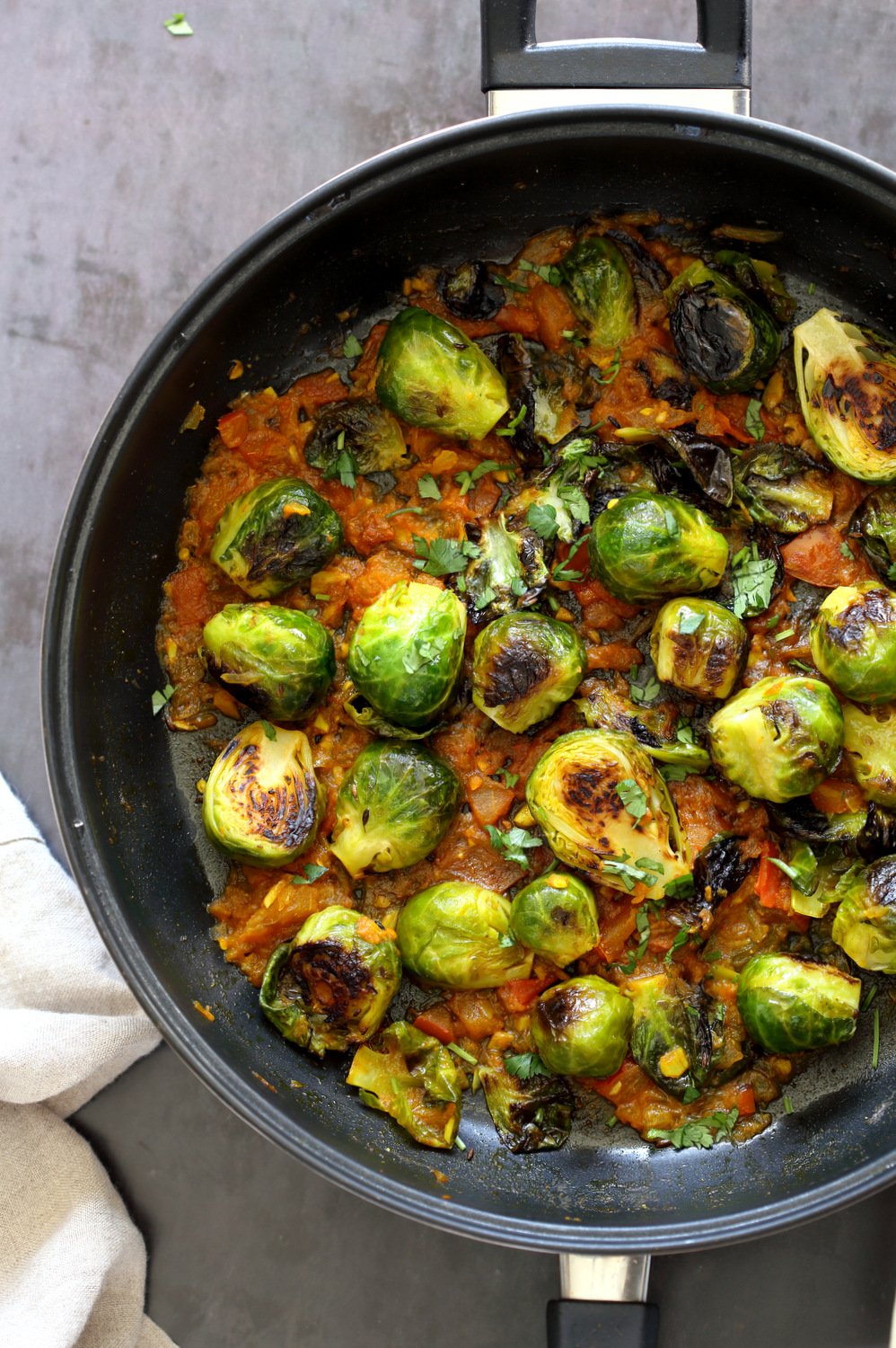 Our Curried Caramelized Brussels Sprouts in Black Skillet