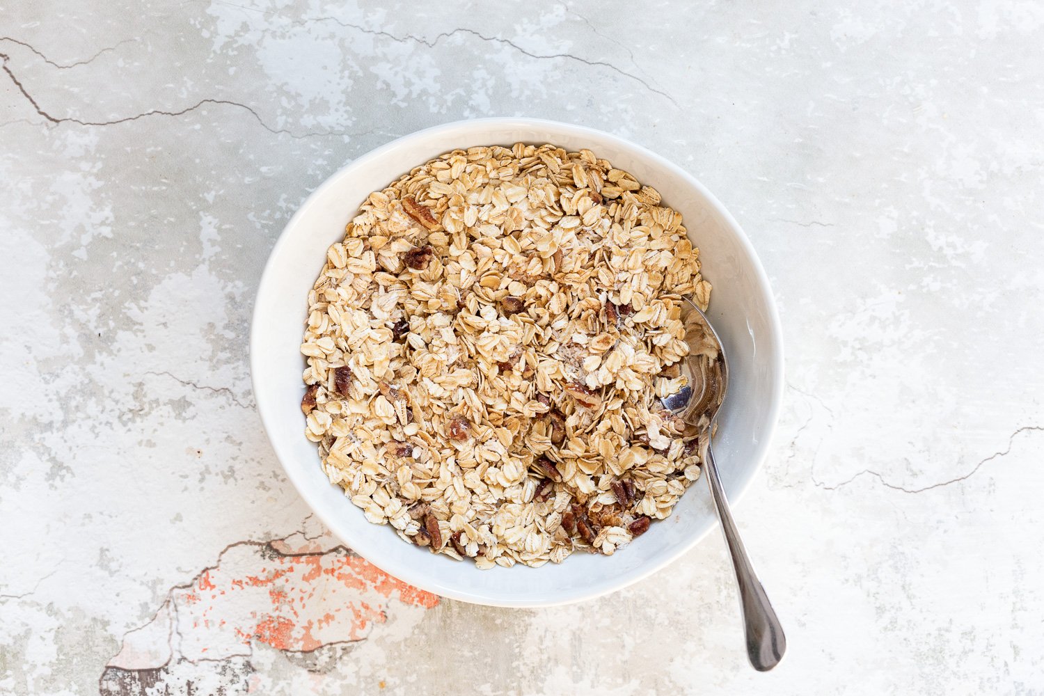Ingredients for Our Vegan Banana Bread Baked Oatmeal in a white bowl