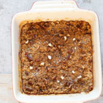 Our Vegan Banana Bread Baked Oatmeal in a white baking dish