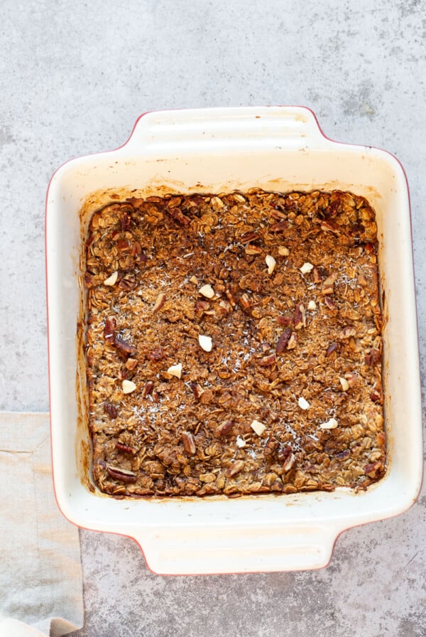Our Vegan Banana Bread Baked Oatmeal in a white baking dish