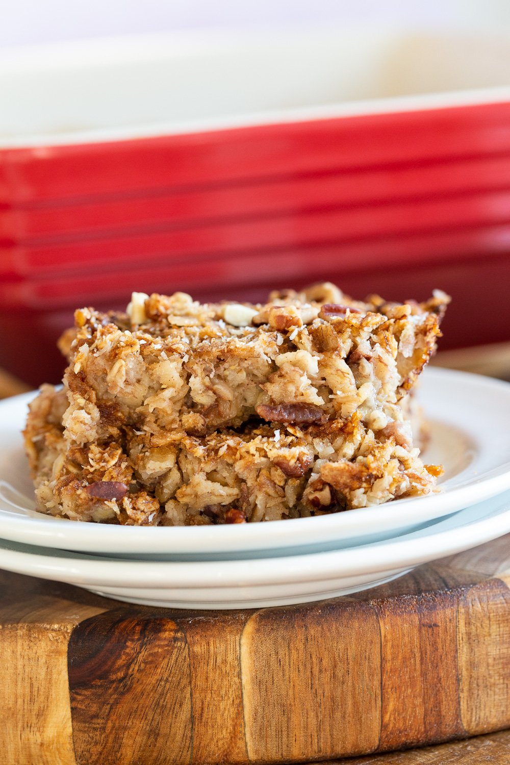 Our Vegan Banana Bread Baked Oatmeal on white plate