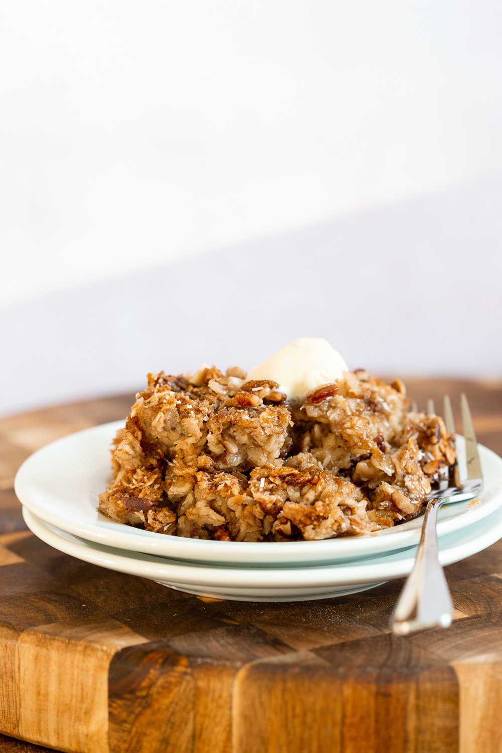 Our Vegan Banana Bread Baked Oatmeal on white plate