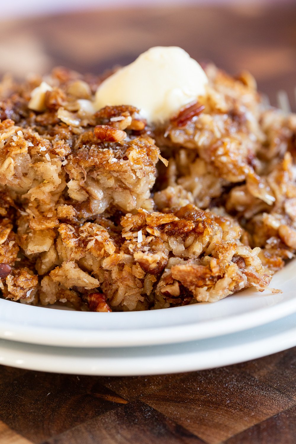 Our Vegan Banana Bread Baked Oatmeal on white plate