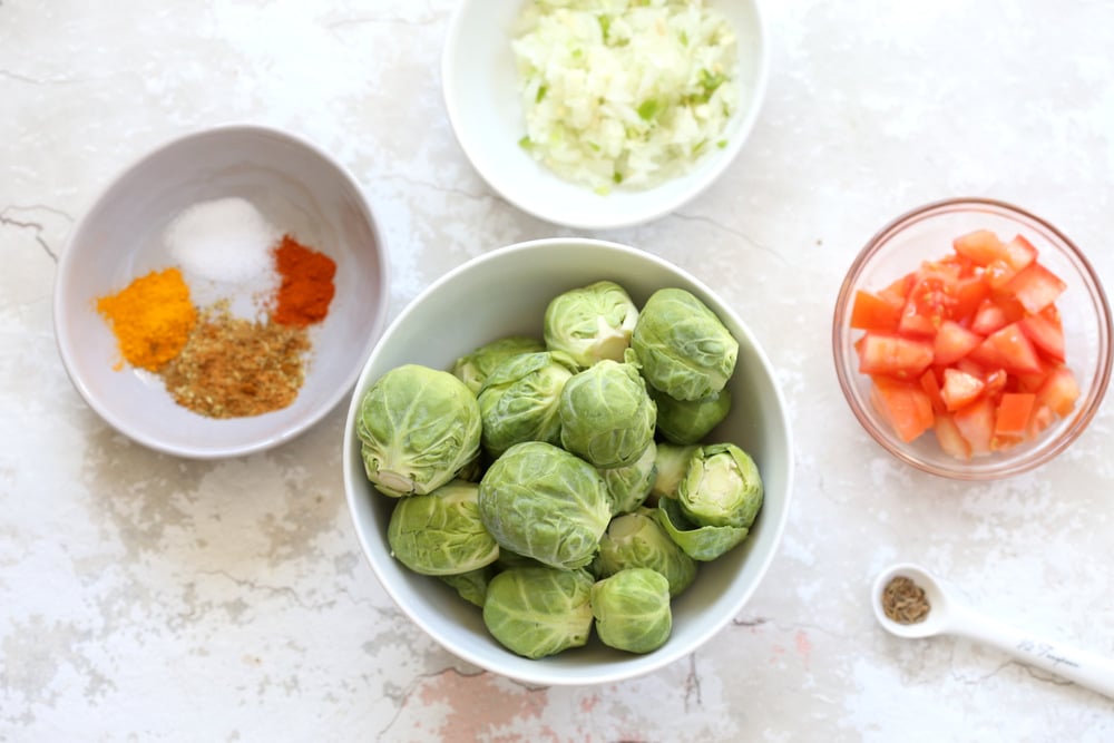 Ingredients for Our Curried Caramelized Brussels Sprouts in Bowls