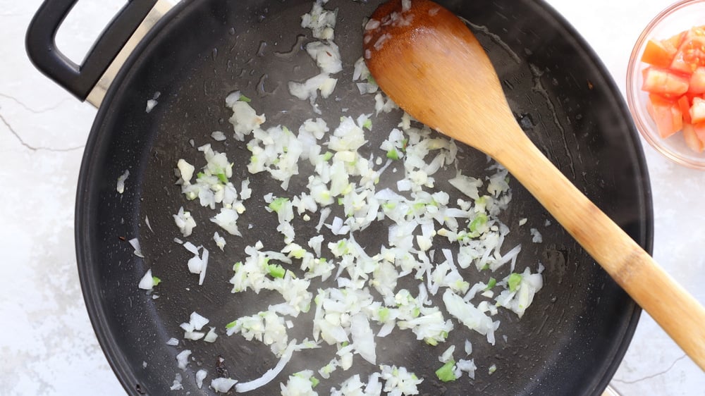 Sauce for Our Curried Caramelized Brussels Sprouts in Black Skillet