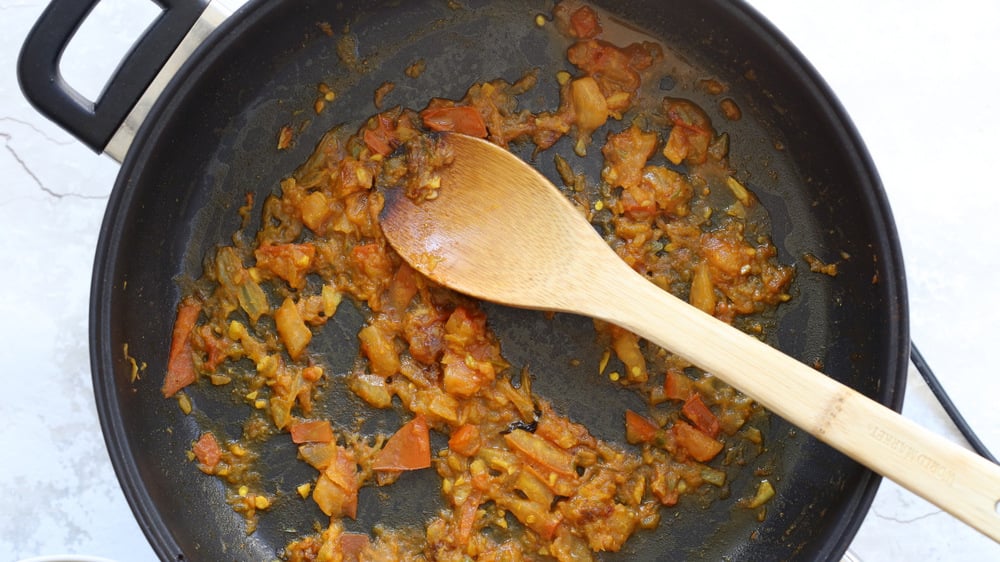 Sauce for Our Curried Caramelized Brussels Sprouts in Black Skillet