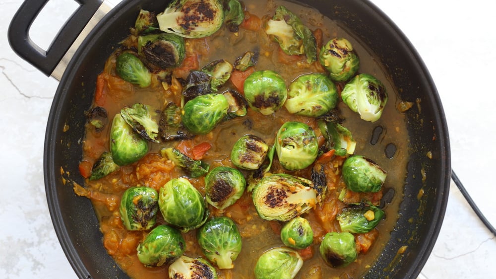 Our Curried Caramelized Brussels Sprouts in Black Skillet