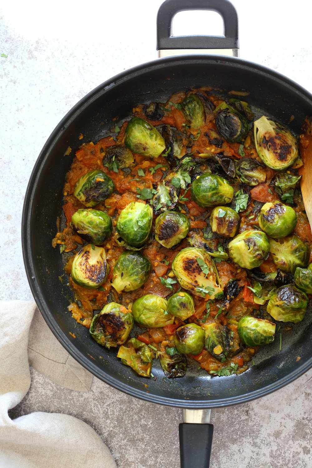 Our Curried Caramelized Brussels Sprouts in Black Skillet