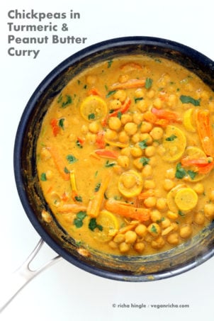 Chickpea turmeric Peanut Butter Curry in a skillet| Vegan Curry Recipes #veganricha