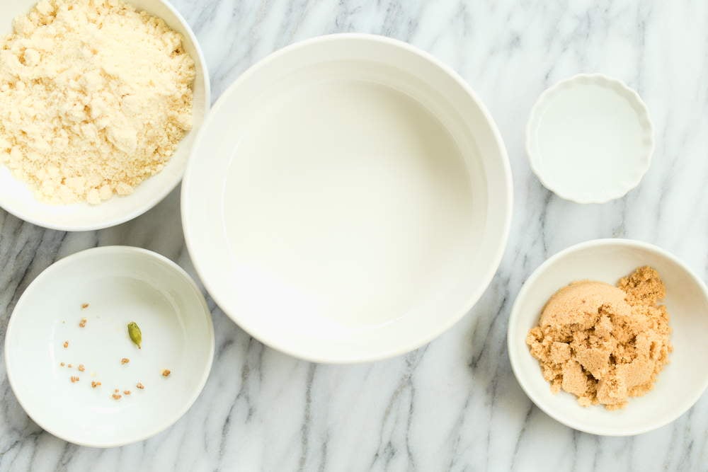 Ingredients for our Vegan Almond Halwa Instant Pot Badam Halwa in bowls