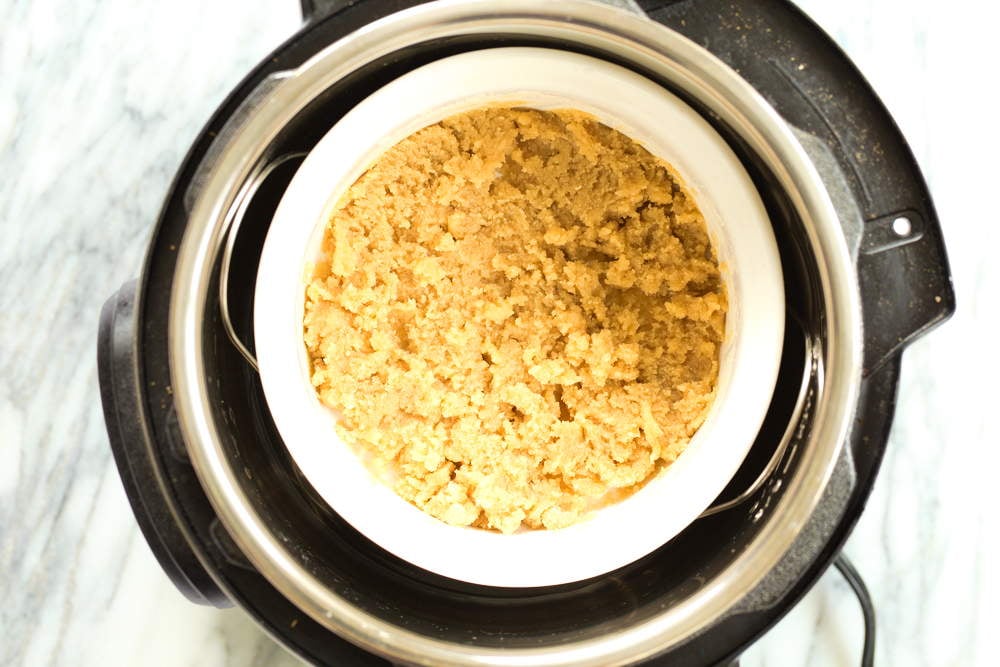 Vegan Almond Halwa in white baking dish in an Instant Pot