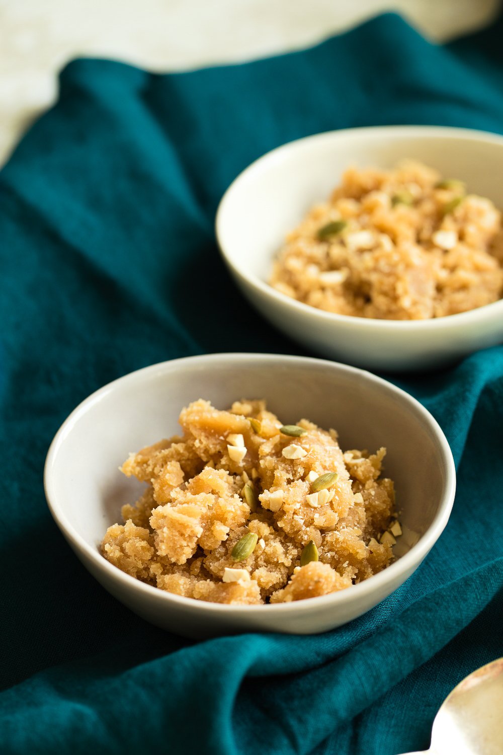 Vegan Almond Halwa - Instant Pot Badam Halwa in white and grey bowls