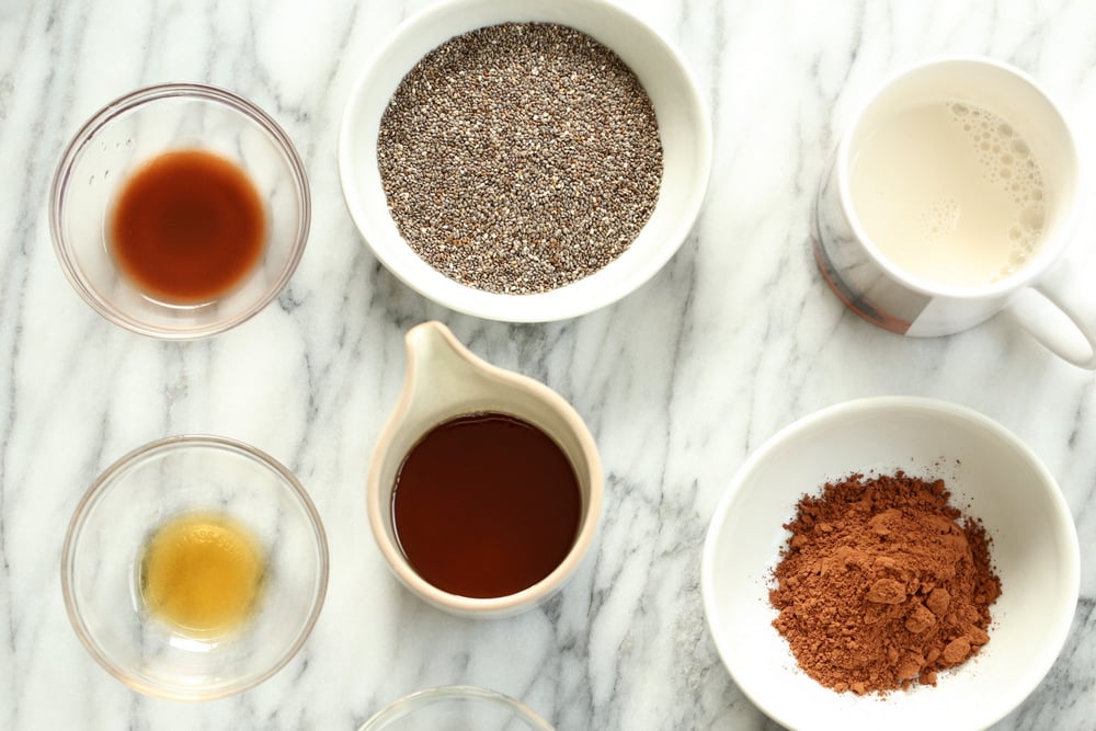 Ingredients for Vegan tiramisu Chia Seed Pudding in bowls