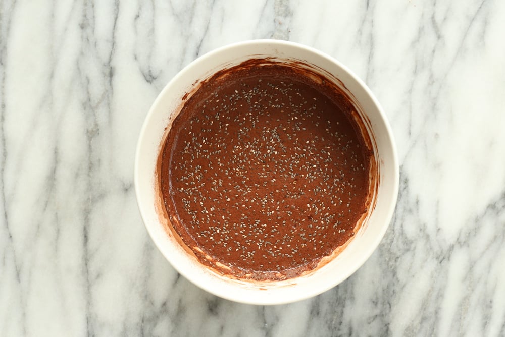 Chocolate Pudding layer for Vegan Tiramisu Chia Seed Pudding in white bowl