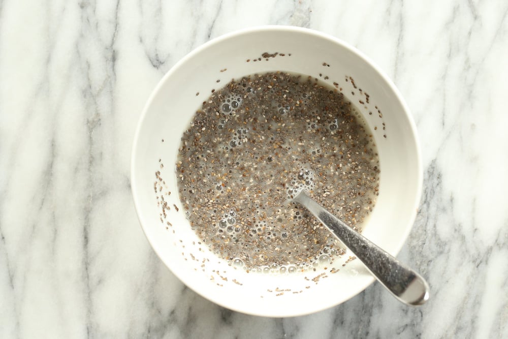 Vanilla Pudding layer for Vegan Tiramisu Chia Seed Pudding in white bowl