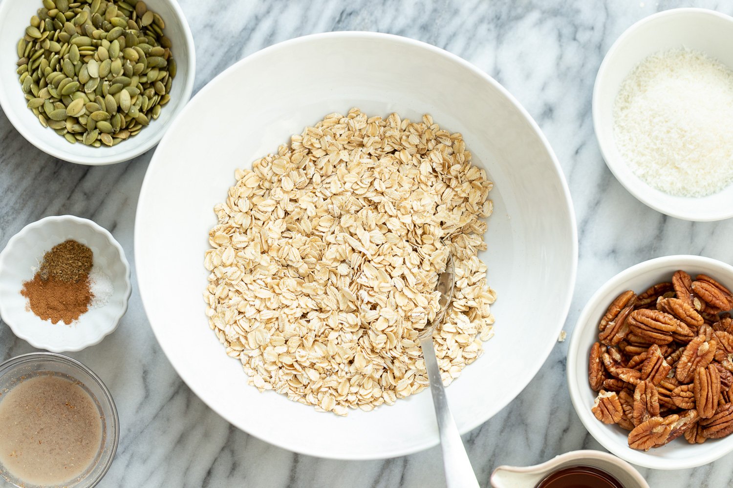 Ingredients for our Maple Pecan Granola in Bowls