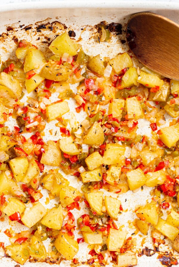 Breakfast Potatoes in a white baking dish