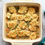 Our Vegan Pot Pie in an off- white baking dish