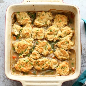 Our Vegan Pot Pie in an off- white baking dish