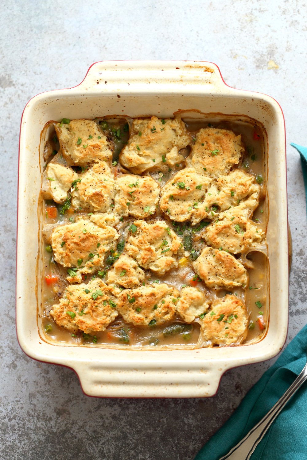 Our Vegan Pot Pie in an off- white baking dish