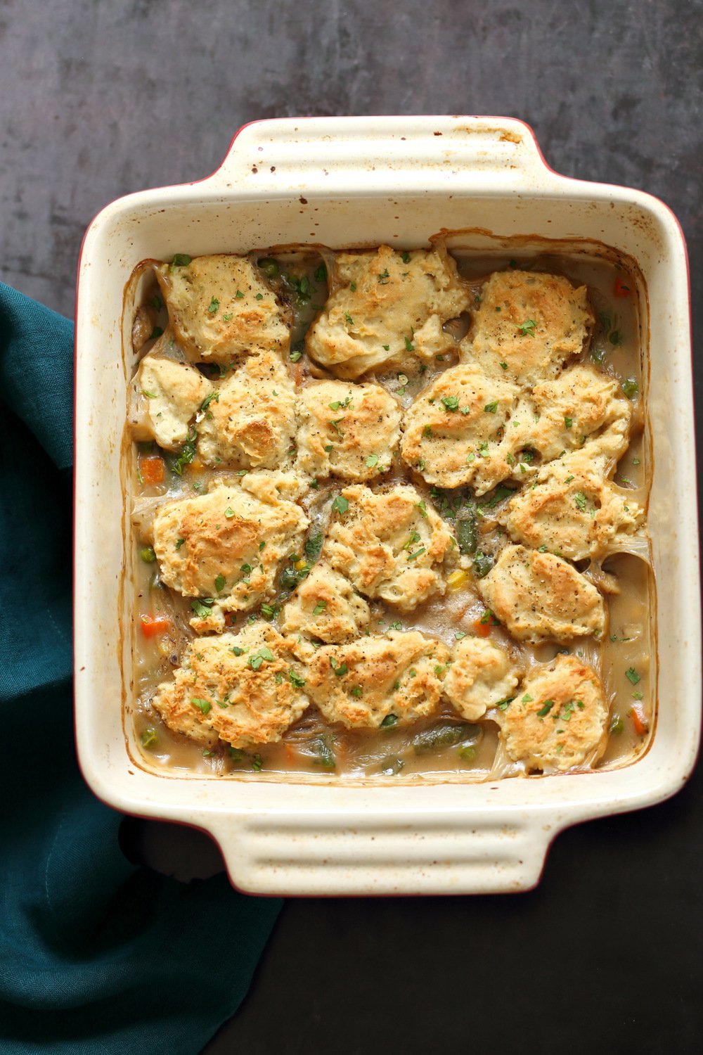 Our Vegan Pot Pie in a white baking dish