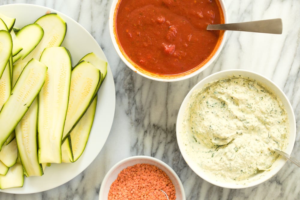 Ingredients for Our Vegan Gluten free Zucchini Lasagna in bowls