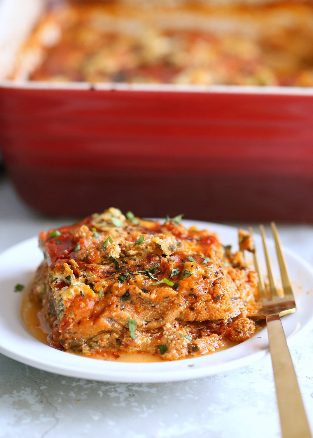 Zucchini Lasagna in a white plate