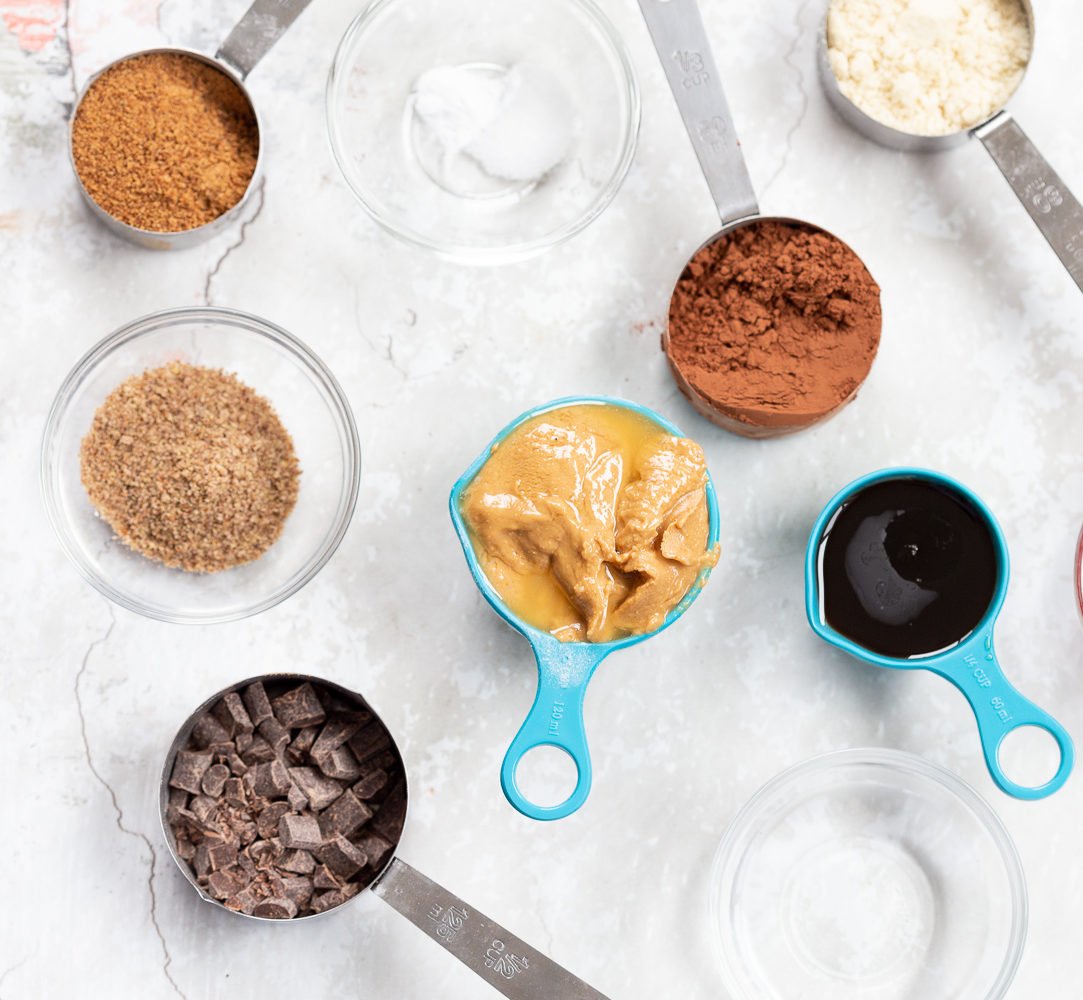 Ingredients for Vegan Brownie Cookies in Bowls and measuring cups