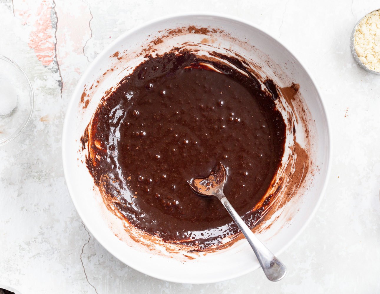 Batter for Vegan Brownie Cookies in a white bowl