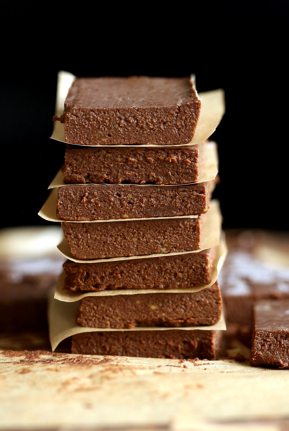 Vegan Chocolate Avocado Freezer Fudge Bars on parchment
