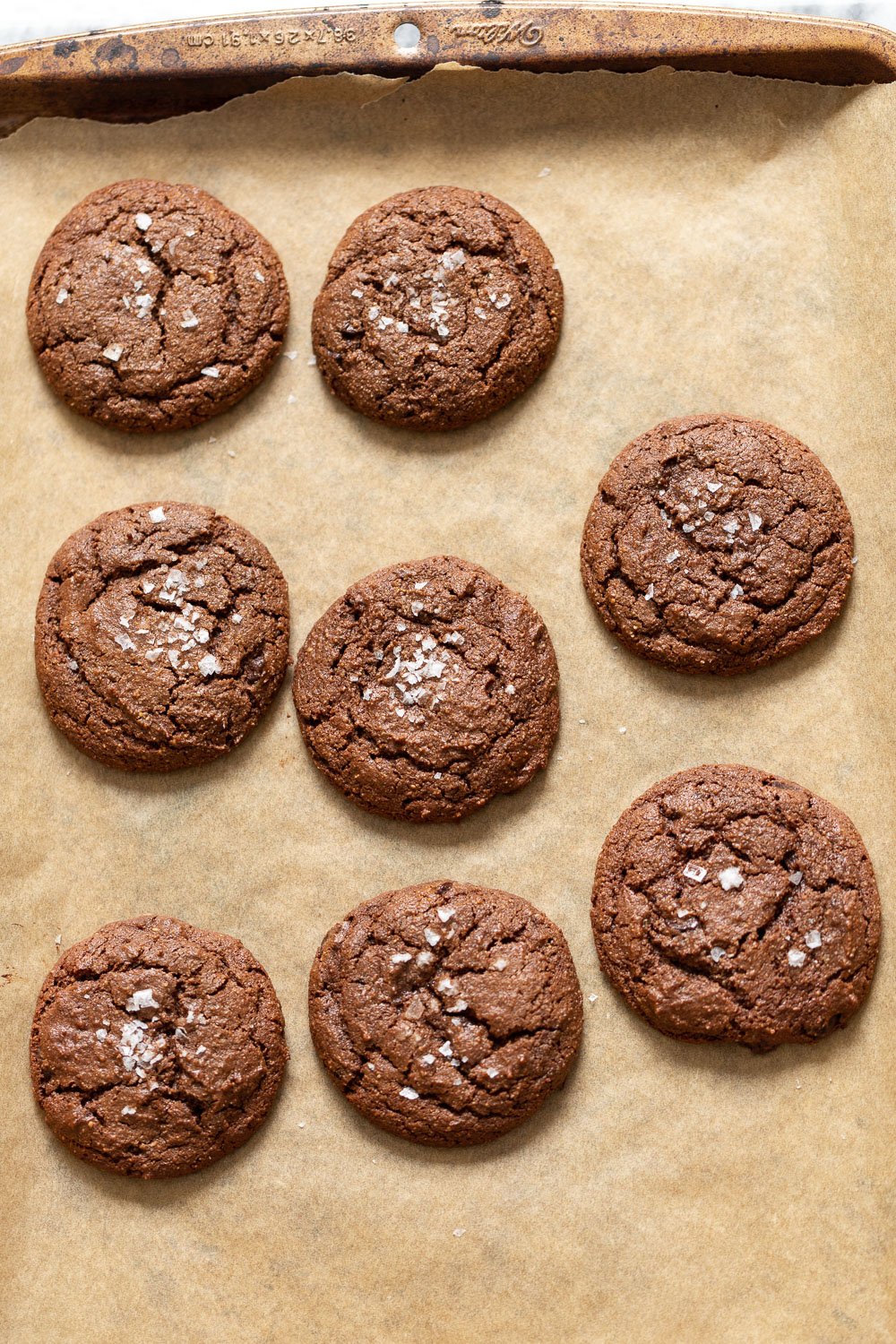 Vegan Brownie Cookies on Parchment lined sheet