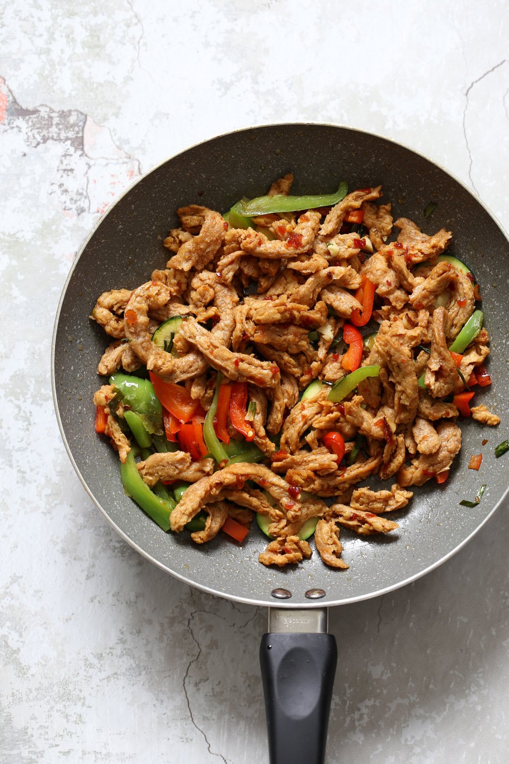Soy curls in a grey skillet