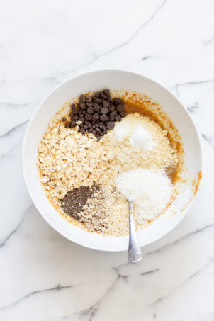Dry ingredients for our Breakfast Cookies in a white bowl