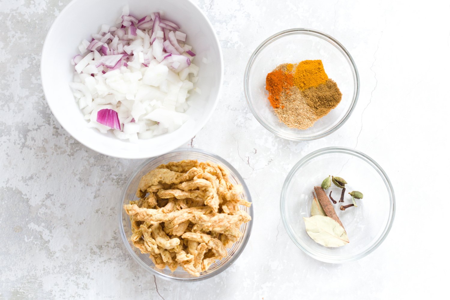 vegan curry recipe overhead shot of ingredients needed for making Instant Pot vegan methi chicken curry recipe